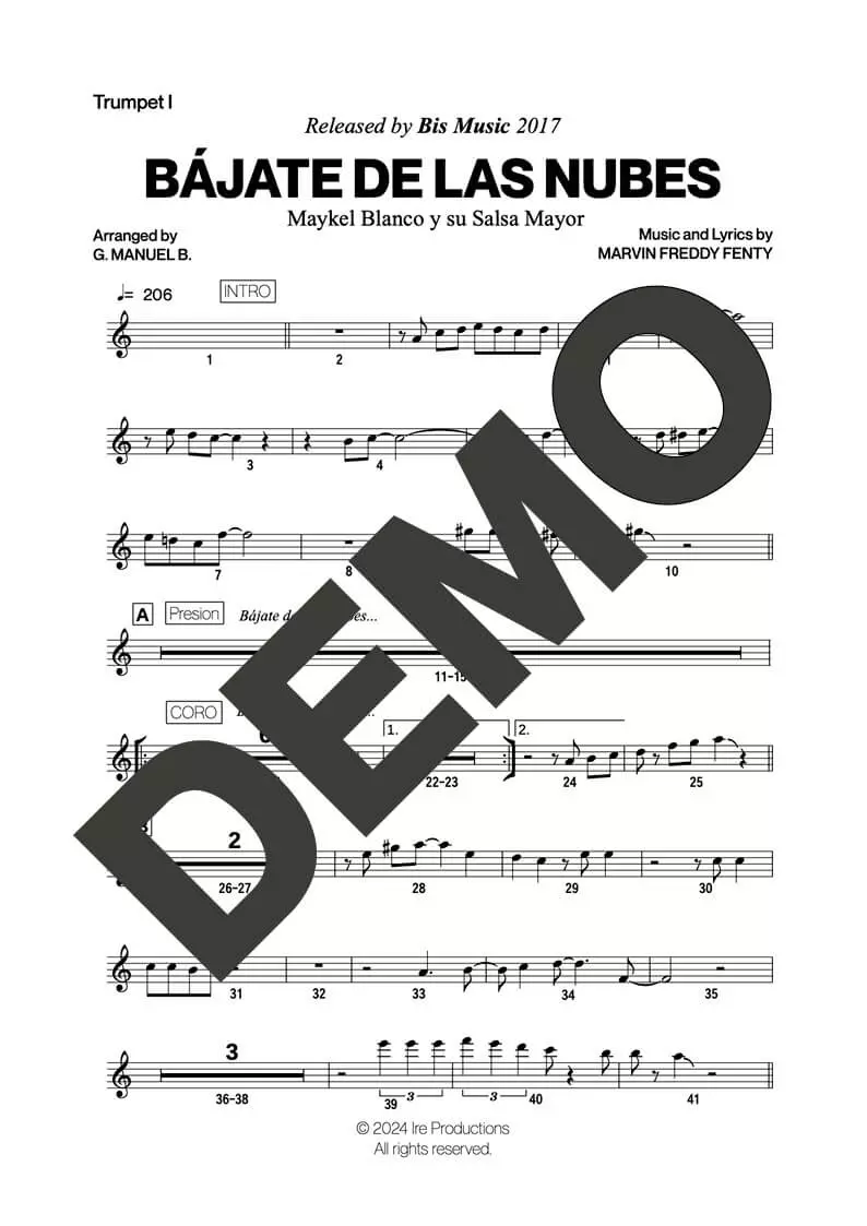 Maykel Blanco y su Salsa Mayor – Bájate de las Nubes – First Page of Sheet Music Preview (PDF) – Includes charts for Trumpets, Trombones, Saxophone, Piano and Bass