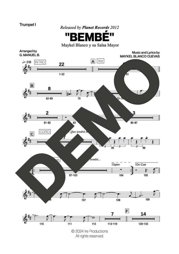 Maykel Blanco y su Salsa Mayor – Bembé – First Page of Sheet Music Preview (PDF) – Includes charts for Trumpets, Trombones, Saxophone, Piano and Bass