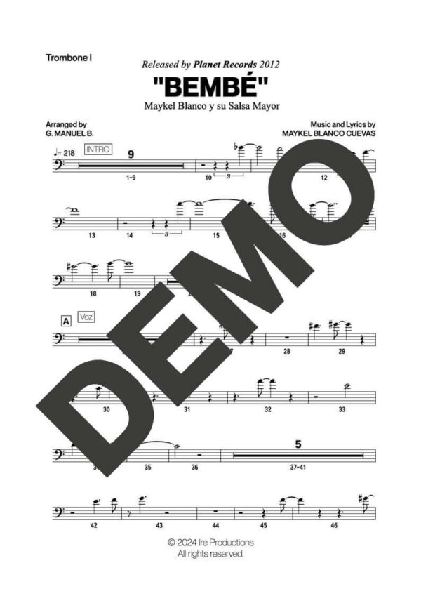 Maykel Blanco y su Salsa Mayor – Bembé – Sheet Music Demo Page 1 (PDF) – Includes charts for Trumpets, Trombones, Saxophone, Piano and Bass