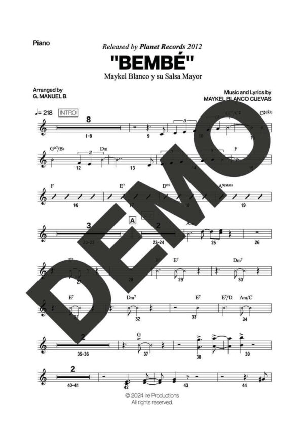Maykel Blanco y su Salsa Mayor – Bembé – Sheet Music Demo Page 3 (PDF) – Includes charts for Trumpets, Trombones, Saxophone, Piano and Bass