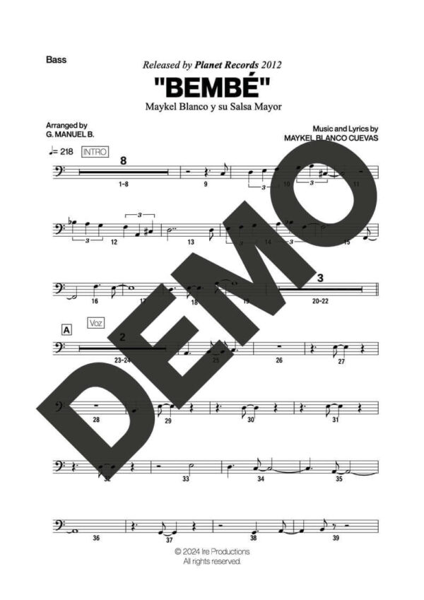 Maykel Blanco y su Salsa Mayor – Bembé – Sheet Music Demo Page 5 (PDF) – Includes charts for Trumpets, Trombones, Saxophone, Piano and Bass