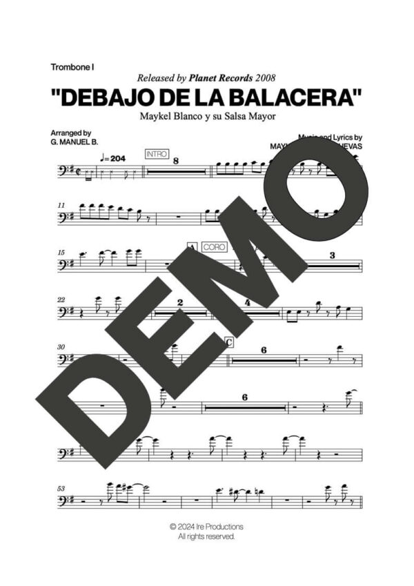 Maykel Blanco y su Salsa Mayor – Debajo De La Balacera – Sheet Music Demo Page 3 (PDF) – Includes charts for Trumpets, Trombones, Saxophone, Piano and Bass