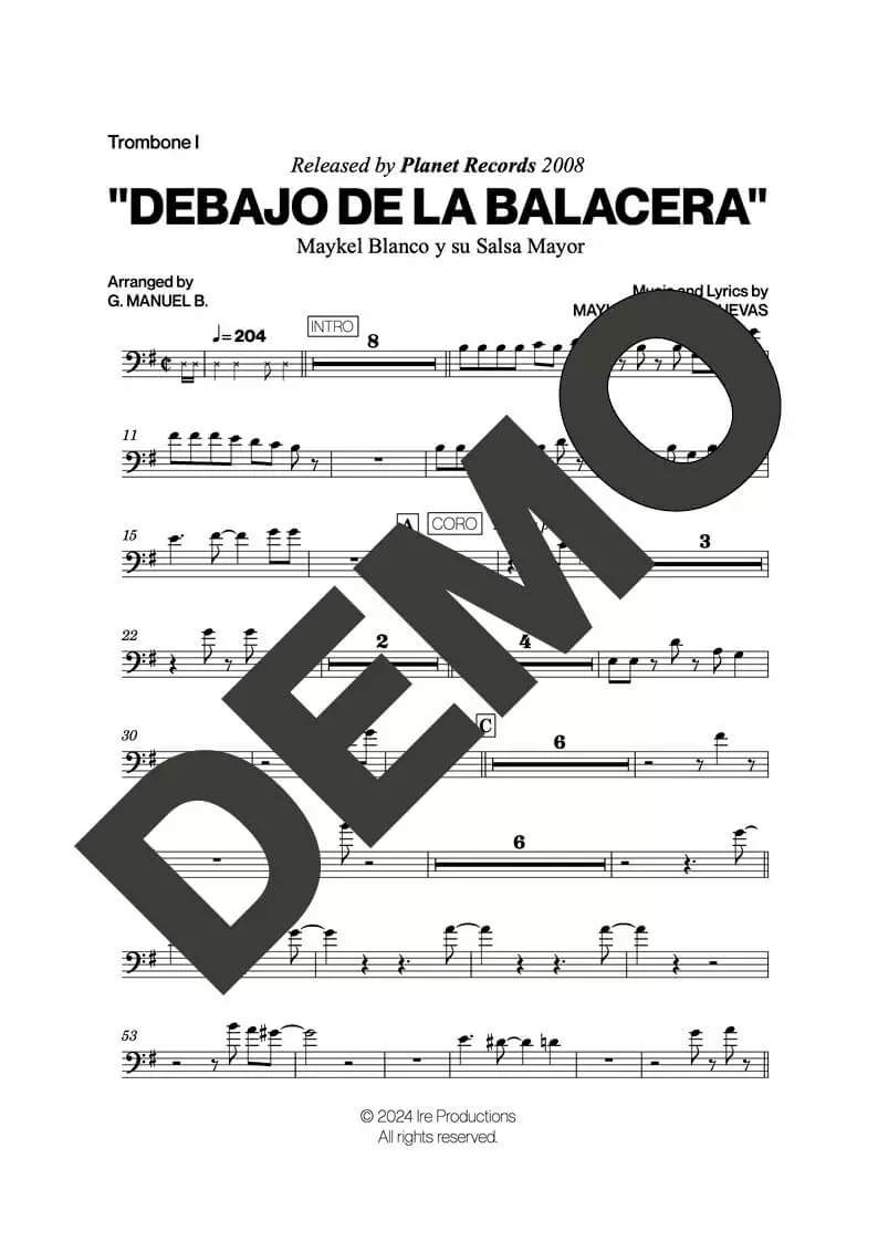 Maykel Blanco y su Salsa Mayor – Debajo De La Balacera – Sheet Music Demo Page 3 (PDF) – Includes charts for Trumpets, Trombones, Saxophone, Piano and Bass