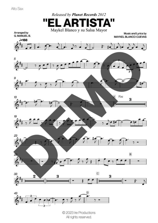 Maykel Blanco y su Salsa Mayor – El Artista – Sheet Music Demo Page 5 (PDF) – Includes charts for Trumpets, Trombones, Saxophone, Piano and Bass