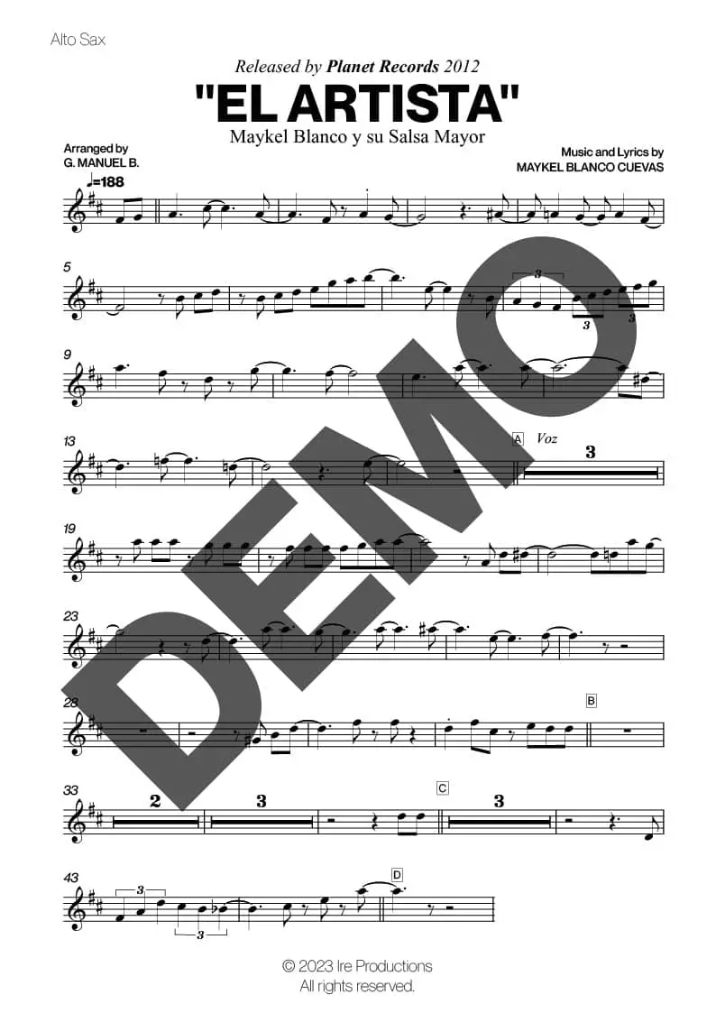 Maykel Blanco y su Salsa Mayor – El Artista – Sheet Music Demo Page 5 (PDF) – Includes charts for Trumpets, Trombones, Saxophone, Piano and Bass