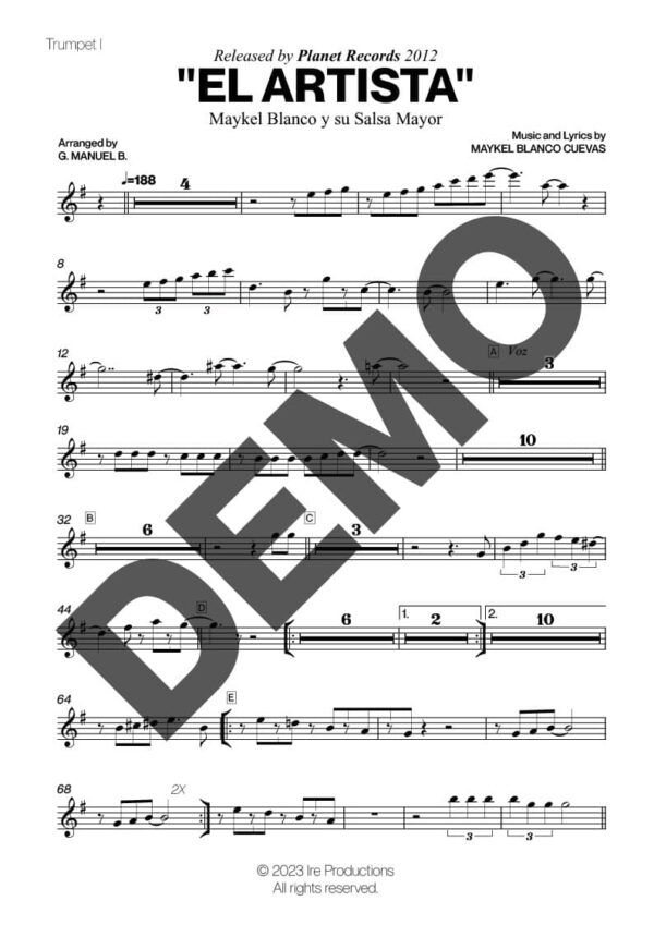 Maykel Blanco y su Salsa Mayor – El Artista – Sheet Music Demo Page 4 (PDF) – Includes charts for Trumpets, Trombones, Saxophone, Piano and Bass