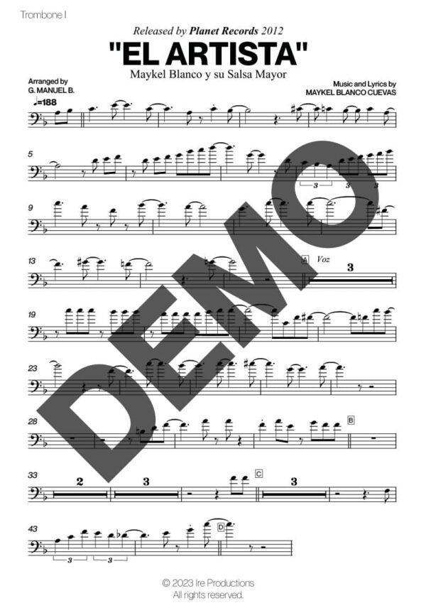 Maykel Blanco y su Salsa Mayor – El Artista – Sheet Music Demo Page 3 (PDF) – Includes charts for Trumpets, Trombones, Saxophone, Piano and Bass