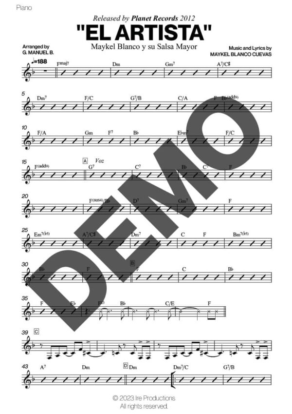 Maykel Blanco y su Salsa Mayor – El Artista – Sheet Music Demo Page 2 (PDF) – Includes charts for Trumpets, Trombones, Saxophone, Piano and Bass