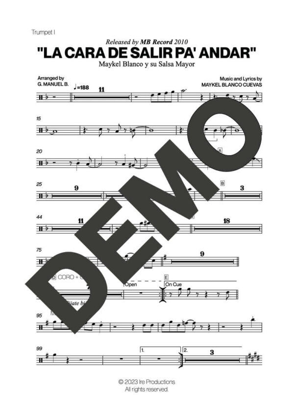 Maykel Blanco y su Salsa Mayor – La Cara de Salir Pa' Andar – Sheet Music Demo Page 2 (PDF) – Includes charts for Trumpets, Trombones, Saxophone, Piano and Bass
