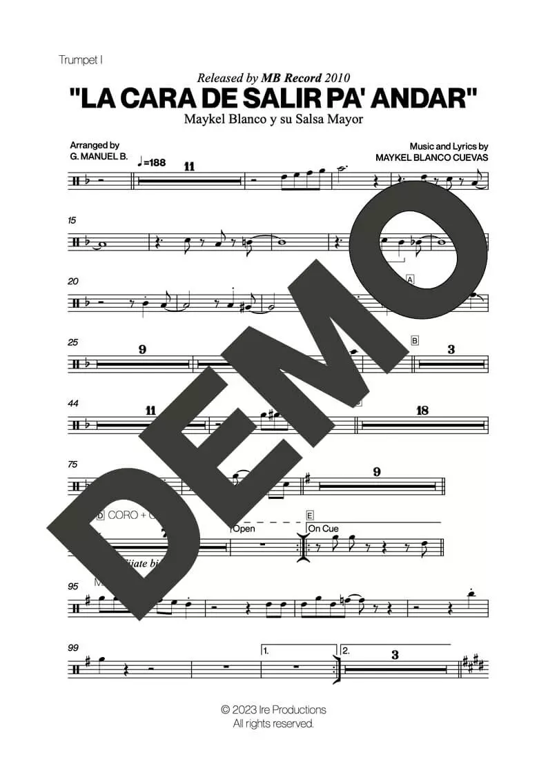 Maykel Blanco y su Salsa Mayor – La Cara de Salir Pa' Andar – Sheet Music Demo Page 2 (PDF) – Includes charts for Trumpets, Trombones, Saxophone, Piano and Bass