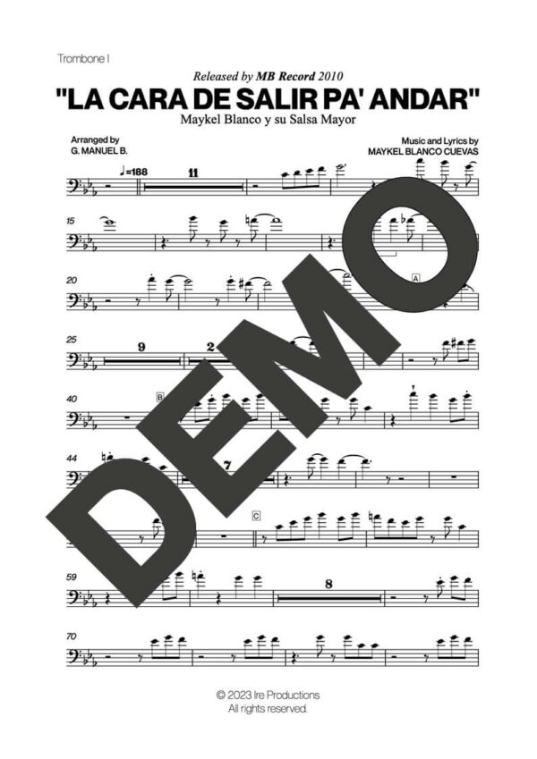 Maykel Blanco y su Salsa Mayor – La Cara de Salir Pa' Andar – Sheet Music Demo Page 3 (PDF) – Includes charts for Trumpets, Trombones, Saxophone, Piano and Bass