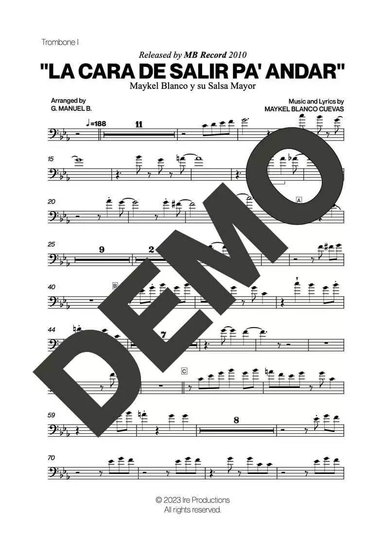 Maykel Blanco y su Salsa Mayor – La Cara de Salir Pa' Andar – Sheet Music Demo Page 3 (PDF) – Includes charts for Trumpets, Trombones, Saxophone, Piano and Bass
