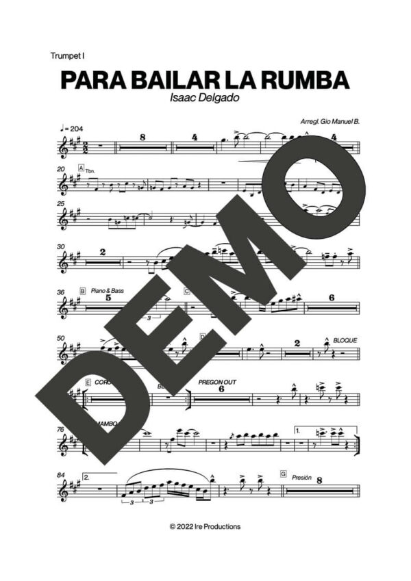 Issac Delgado – Para Bailar La Rumba – Sheet Music Demo Page 1 (PDF) – Includes charts for Trumpets, Trombones, Saxophone, Piano and Bass