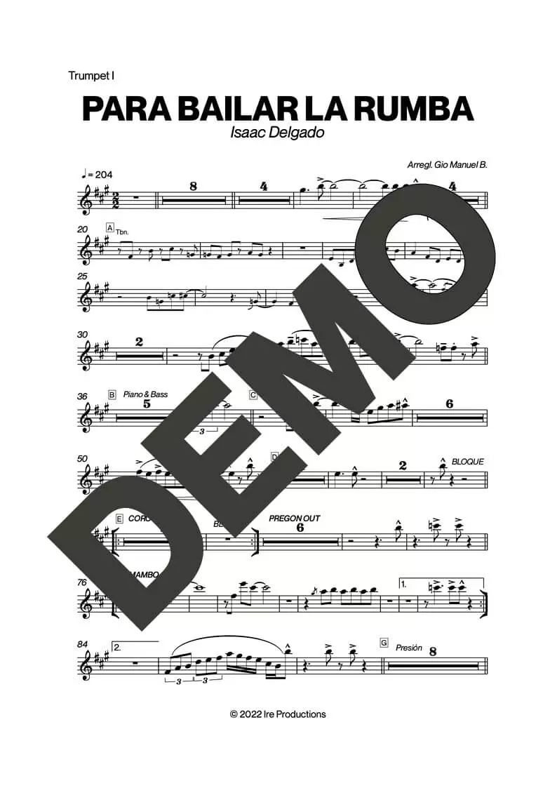 Issac Delgado – Para Bailar La Rumba – Sheet Music Demo Page 1 (PDF) – Includes charts for Trumpets, Trombones, Saxophone, Piano and Bass