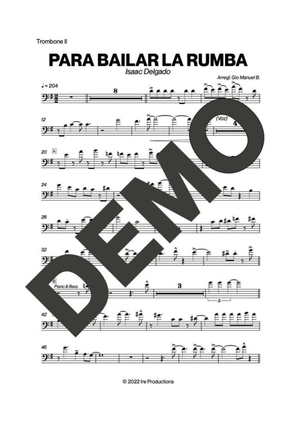 Issac Delgado – Para Bailar La Rumba – Sheet Music Demo Page 2 (PDF) – Includes charts for Trumpets, Trombones, Saxophone, Piano and Bass