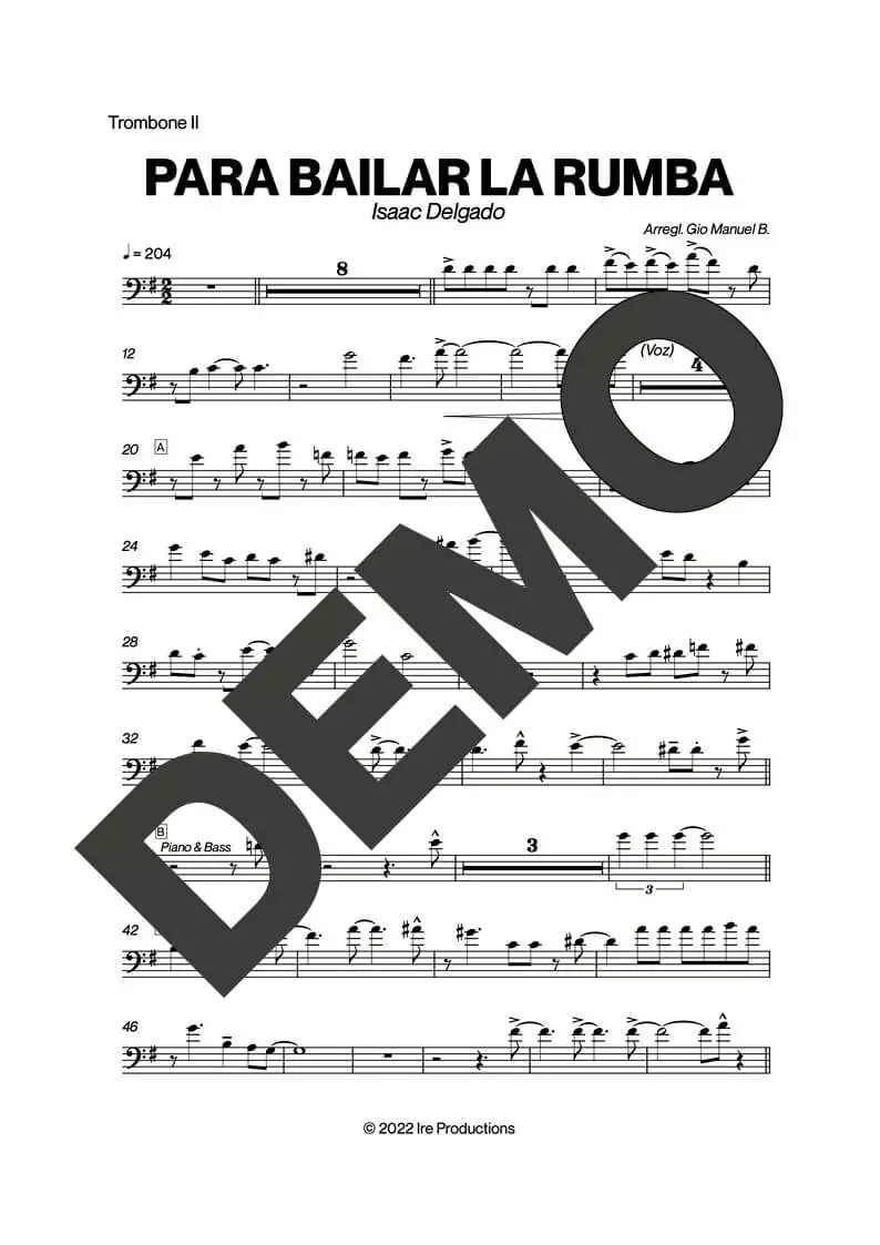 Issac Delgado – Para Bailar La Rumba – Sheet Music Demo Page 2 (PDF) – Includes charts for Trumpets, Trombones, Saxophone, Piano and Bass
