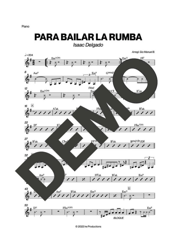 Issac Delgado – Para Bailar La Rumba – Sheet Music Demo Page 3 (PDF) – Includes charts for Trumpets, Trombones, Saxophone, Piano and Bass
