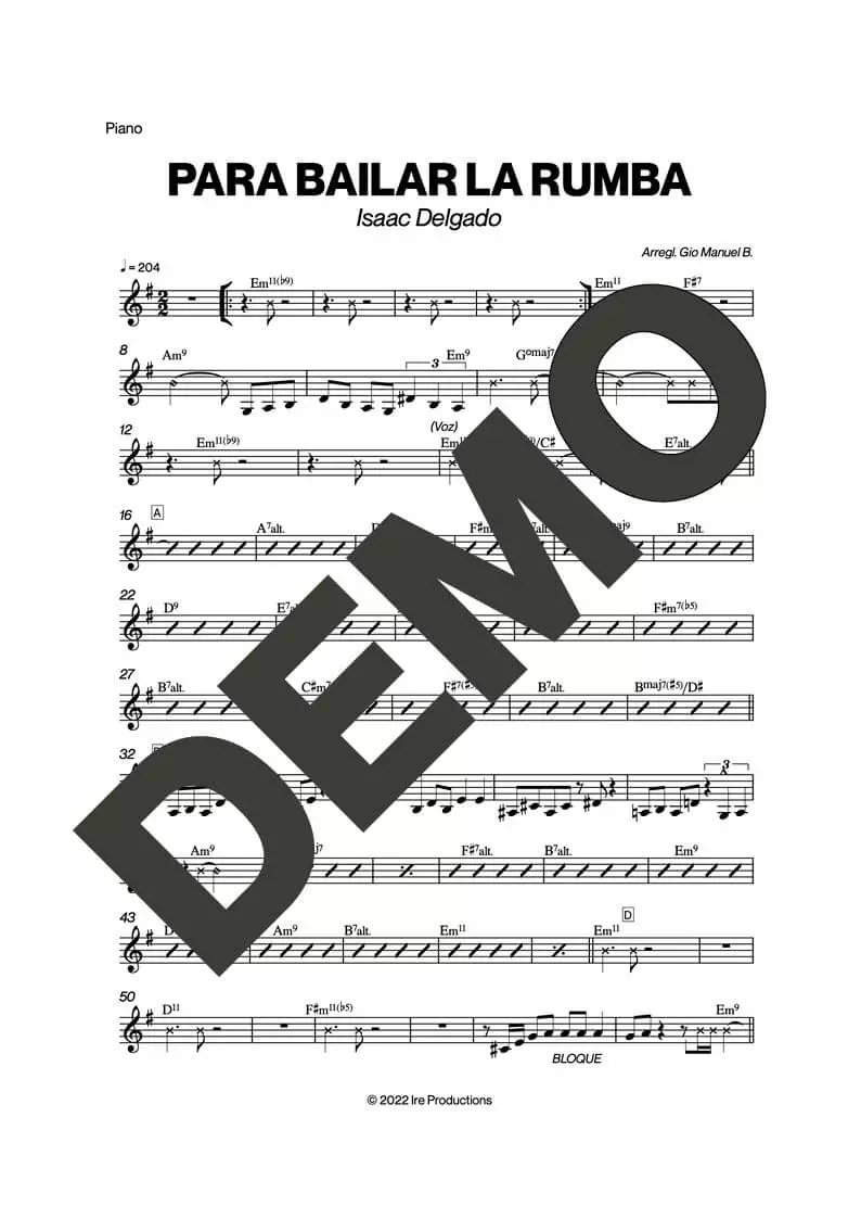 Issac Delgado – Para Bailar La Rumba – Sheet Music Demo Page 3 (PDF) – Includes charts for Trumpets, Trombones, Saxophone, Piano and Bass