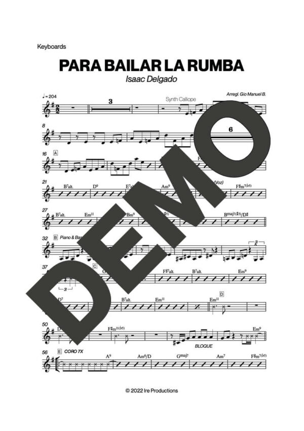 Issac Delgado – Para Bailar La Rumba – Sheet Music Demo Page 4 (PDF) – Includes charts for Trumpets, Trombones, Saxophone, Piano and Bass