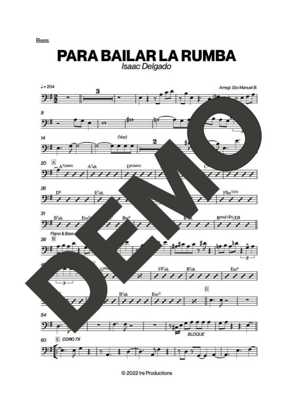 Issac Delgado – Para Bailar La Rumba – Sheet Music Demo Page 5 (PDF) – Includes charts for Trumpets, Trombones, Saxophone, Piano and Bass