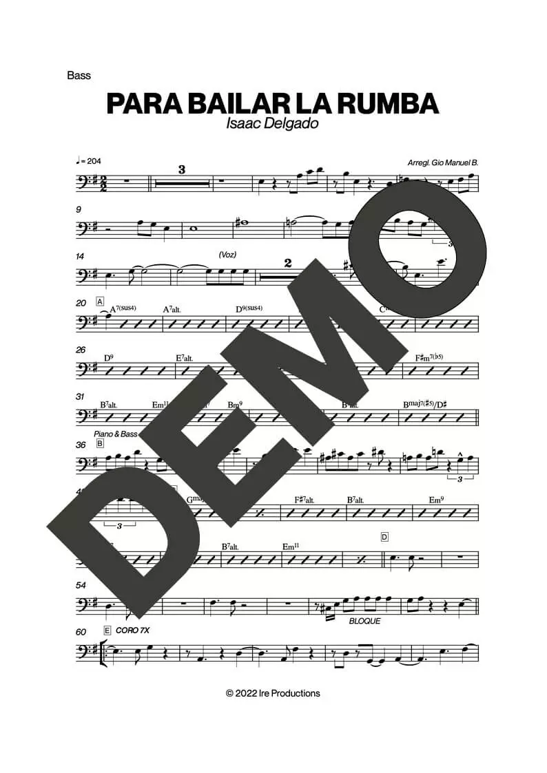 Issac Delgado – Para Bailar La Rumba – Sheet Music Demo Page 5 (PDF) – Includes charts for Trumpets, Trombones, Saxophone, Piano and Bass