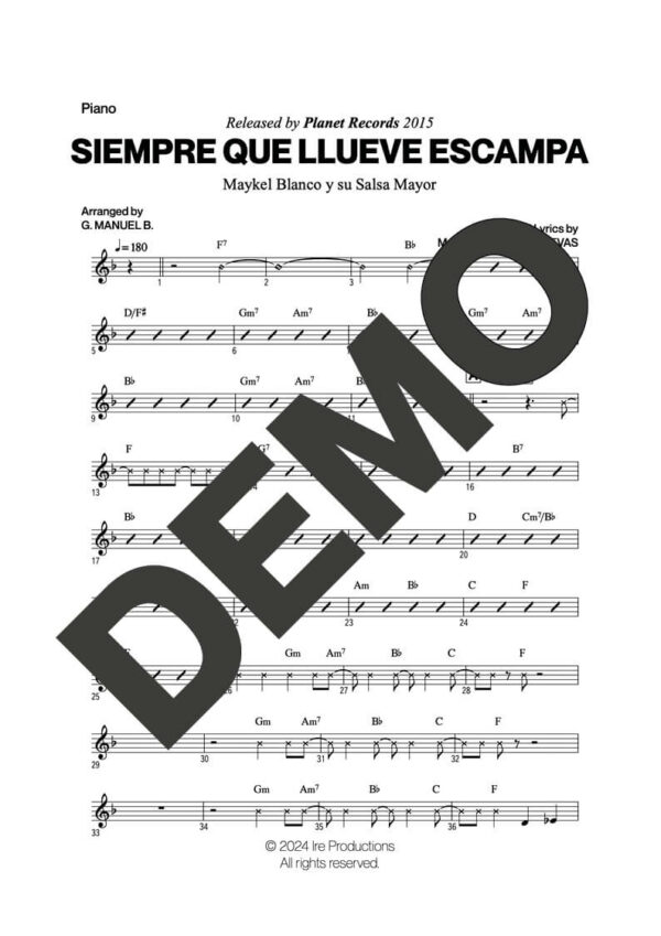 Maykel Blanco y su Salsa Mayor – Siempre Que Llueve Escampa – Sheet Music Demo Page 2 (PDF) – Includes charts for Trumpets, Trombones, Saxophone, Piano and Bass