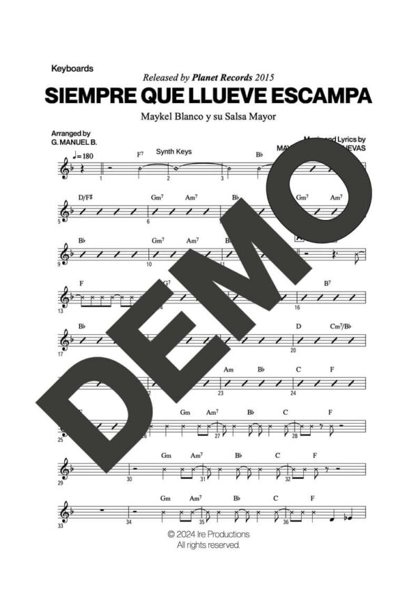 Maykel Blanco y su Salsa Mayor – Siempre Que Llueve Escampa – Sheet Music Demo Page 3 (PDF) – Includes charts for Trumpets, Trombones, Saxophone, Piano and Bass