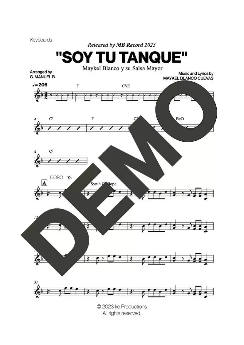 Maykel Blanco y su Salsa Mayor – Soy Tu Tanque – Sheet Music Demo Page 3 (PDF) – Includes charts for Trumpets, Trombones, Saxophone, Piano and Bass