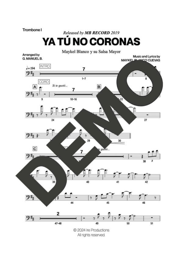 Maykel Blanco y su Salsa Mayor – Ya Tú No Coronas – Sheet Music Demo Page 1 (PDF) – Includes charts for Trumpets, Trombones, Saxophone, Piano and Bass