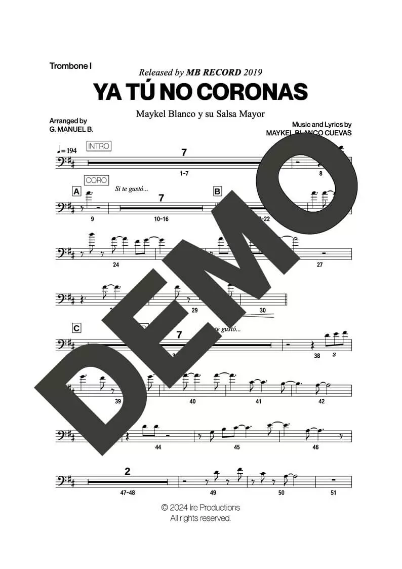 Maykel Blanco y su Salsa Mayor – Ya Tú No Coronas – Sheet Music Demo Page 1 (PDF) – Includes charts for Trumpets, Trombones, Saxophone, Piano and Bass