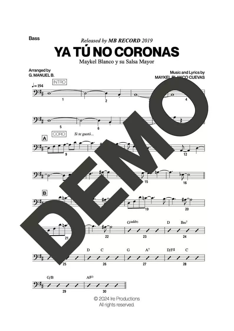 Maykel Blanco y su Salsa Mayor – Ya Tú No Coronas – Sheet Music Demo Page 4 (PDF) – Includes charts for Trumpets, Trombones, Saxophone, Piano and Bass