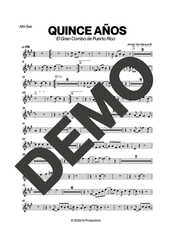 El Gran Combo de Puerto Rico – Quince Años – First Page of Sheet Music Preview (PDF) – Includes charts for Trumpets, Trombones, Saxophone, Piano and Bass