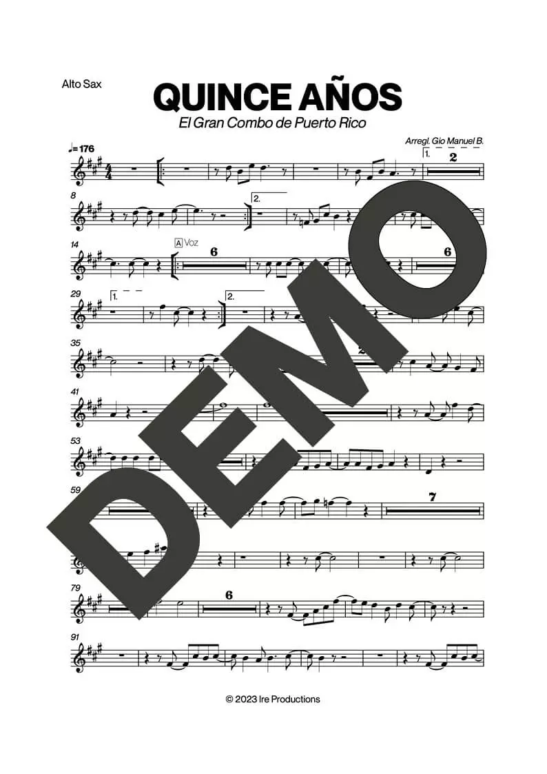 El Gran Combo de Puerto Rico – Quince Años – First Page of Sheet Music Preview (PDF) – Includes charts for Trumpets, Trombones, Saxophone, Piano and Bass