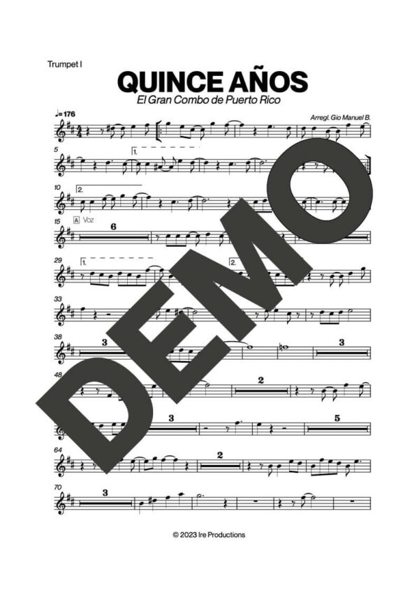 El Gran Combo de Puerto Rico – Quince Años – Sheet Music Demo Page 1 (PDF) – Includes charts for Trumpets, Trombones, Saxophone, Piano and Bass