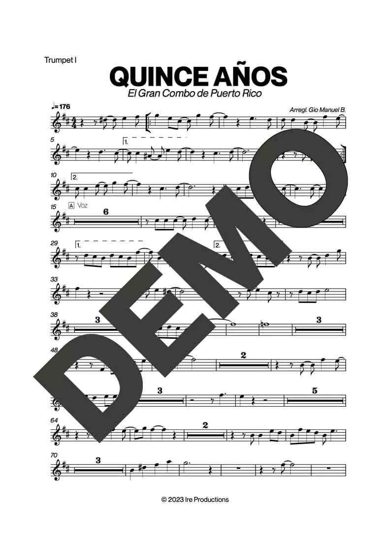 El Gran Combo de Puerto Rico – Quince Años – Sheet Music Demo Page 1 (PDF) – Includes charts for Trumpets, Trombones, Saxophone, Piano and Bass