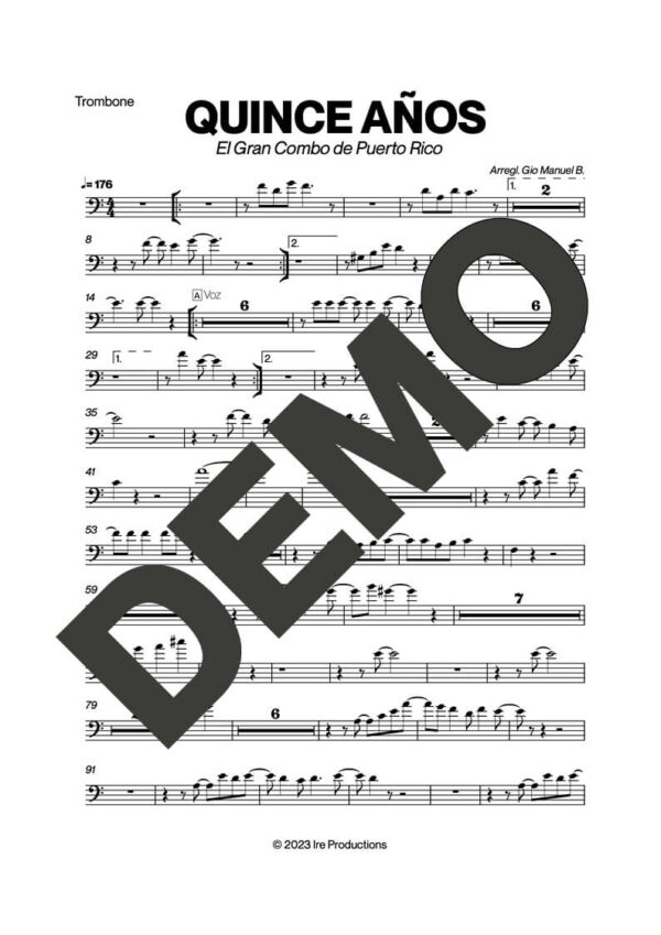 El Gran Combo de Puerto Rico – Quince Años – Sheet Music Demo Page 2 (PDF) – Includes charts for Trumpets, Trombones, Saxophone, Piano and Bass