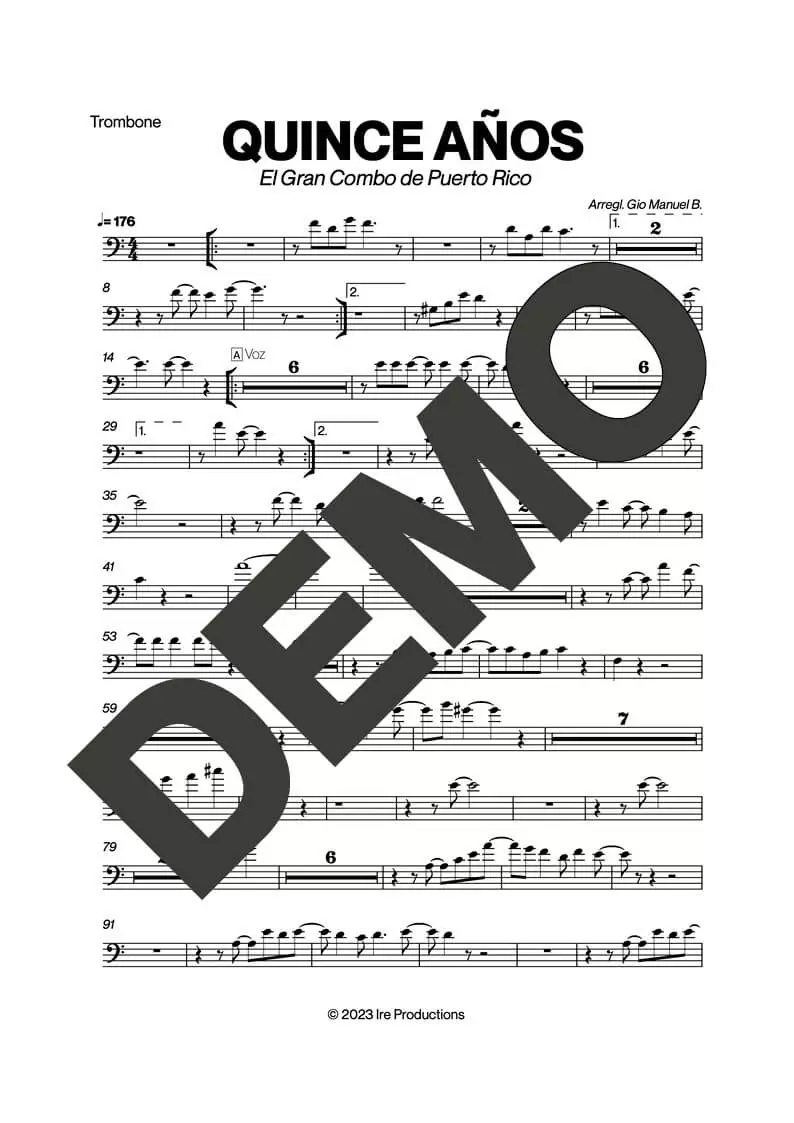 El Gran Combo de Puerto Rico – Quince Años – Sheet Music Demo Page 2 (PDF) – Includes charts for Trumpets, Trombones, Saxophone, Piano and Bass