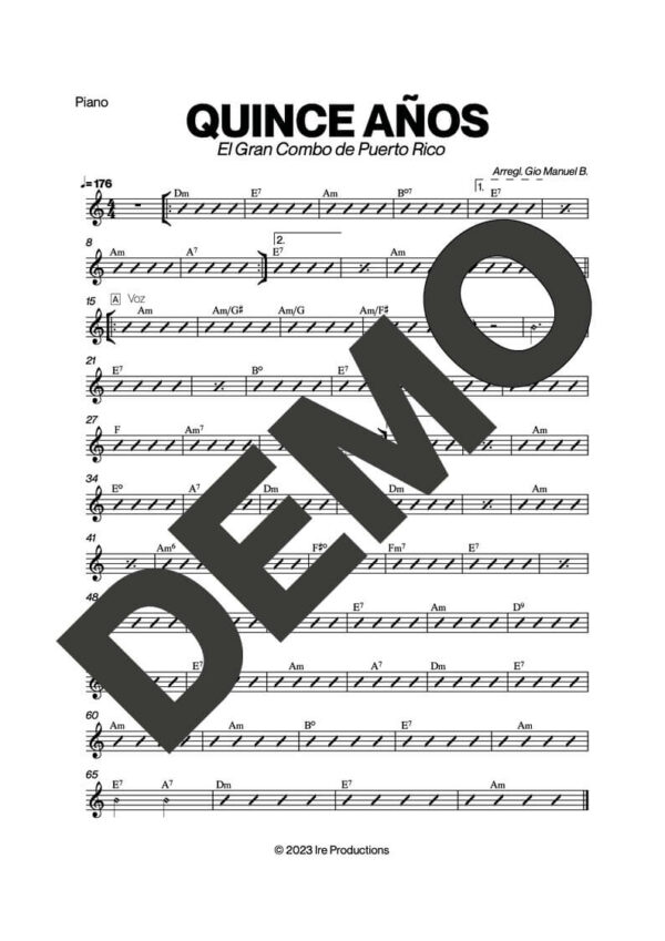 El Gran Combo de Puerto Rico – Quince Años – Sheet Music Demo Page 3 (PDF) – Includes charts for Trumpets, Trombones, Saxophone, Piano and Bass