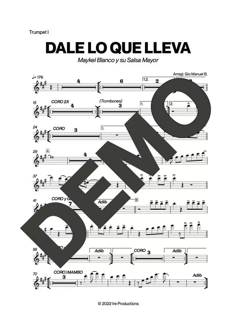 Maykel Blanco y su Salsa Mayor – Dale Lo Que Lleva – Sheet Music Demo Page 1 (PDF) – Includes charts for Trumpets, Trombones, Saxophone, Piano and Bass