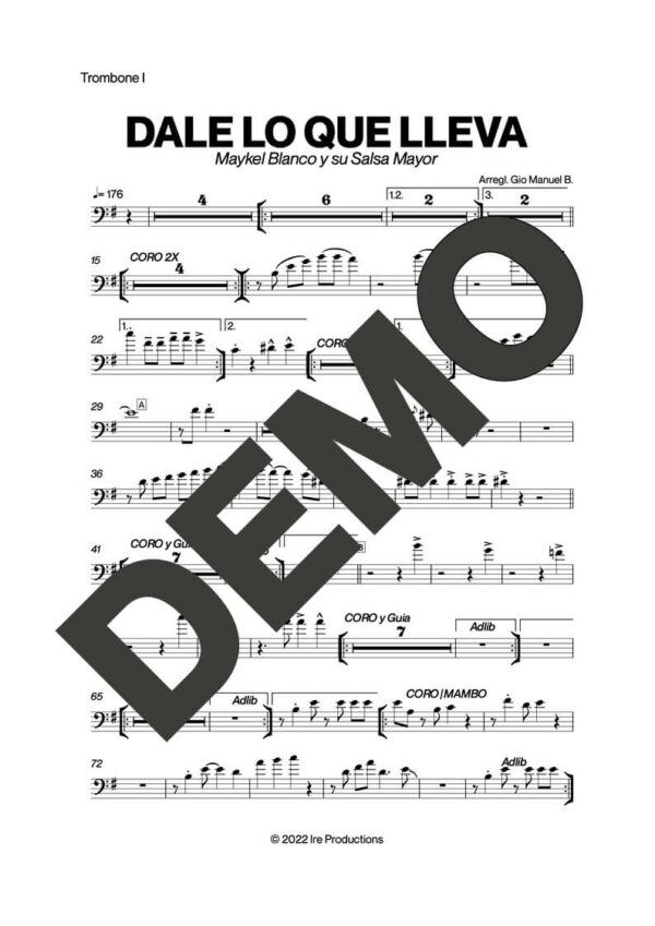 Maykel Blanco y su Salsa Mayor – Dale Lo Que Lleva – Sheet Music Demo Page 2 (PDF) – Includes charts for Trumpets, Trombones, Saxophone, Piano and Bass