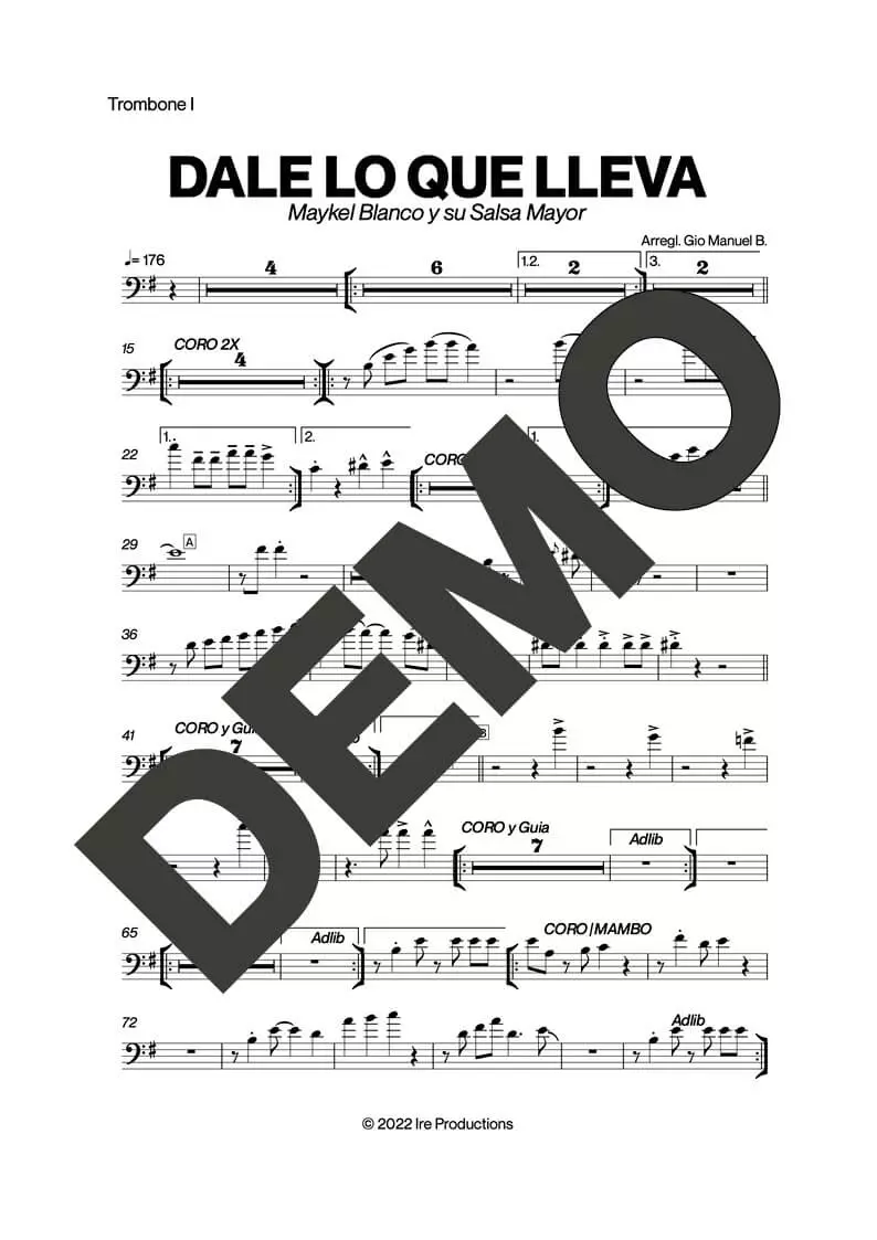 Maykel Blanco y su Salsa Mayor – Dale Lo Que Lleva – Sheet Music Demo Page 2 (PDF) – Includes charts for Trumpets, Trombones, Saxophone, Piano and Bass