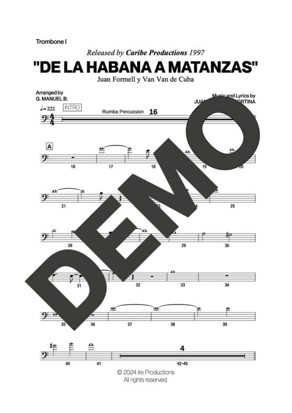 Los Van Van|Mayito Rivera – De La Habana a Matanzas – First Page of Sheet Music Preview (PDF) – Includes charts for Trumpets, Trombones, Saxophone, Piano and Bass