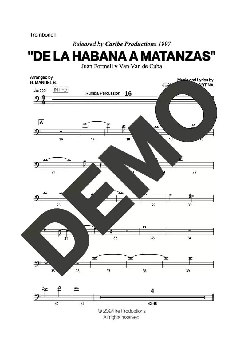 Los Van Van|Mayito Rivera – De La Habana a Matanzas – First Page of Sheet Music Preview (PDF) – Includes charts for Trumpets, Trombones, Saxophone, Piano and Bass