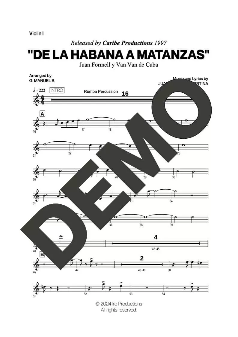 Los Van Van|Mayito Rivera – De La Habana a Matanzas – Sheet Music Demo Page 1 (PDF) – Includes charts for Trumpets, Trombones, Saxophone, Piano and Bass
