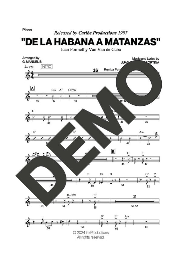 Los Van Van|Mayito Rivera – De La Habana a Matanzas – Sheet Music Demo Page 2 (PDF) – Includes charts for Trumpets, Trombones, Saxophone, Piano and Bass