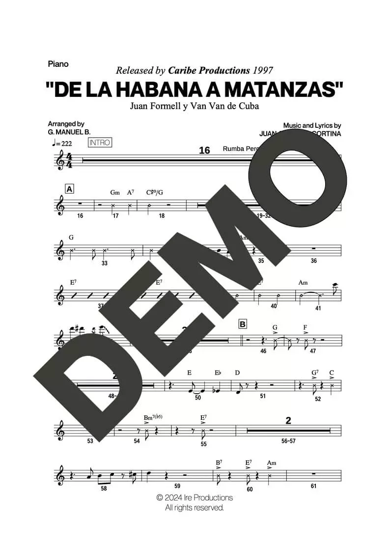 Los Van Van|Mayito Rivera – De La Habana a Matanzas – Sheet Music Demo Page 2 (PDF) – Includes charts for Trumpets, Trombones, Saxophone, Piano and Bass