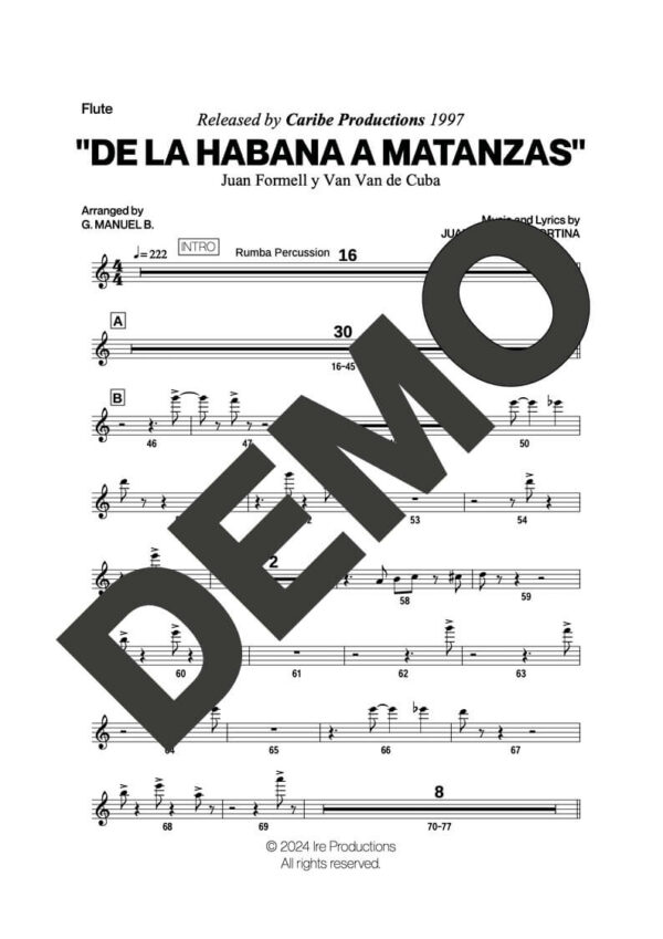 Los Van Van|Mayito Rivera – De La Habana a Matanzas – Sheet Music Demo Page 3 (PDF) – Includes charts for Trumpets, Trombones, Saxophone, Piano and Bass