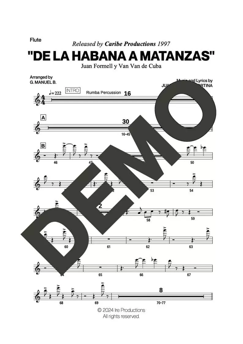 Los Van Van|Mayito Rivera – De La Habana a Matanzas – Sheet Music Demo Page 3 (PDF) – Includes charts for Trumpets, Trombones, Saxophone, Piano and Bass