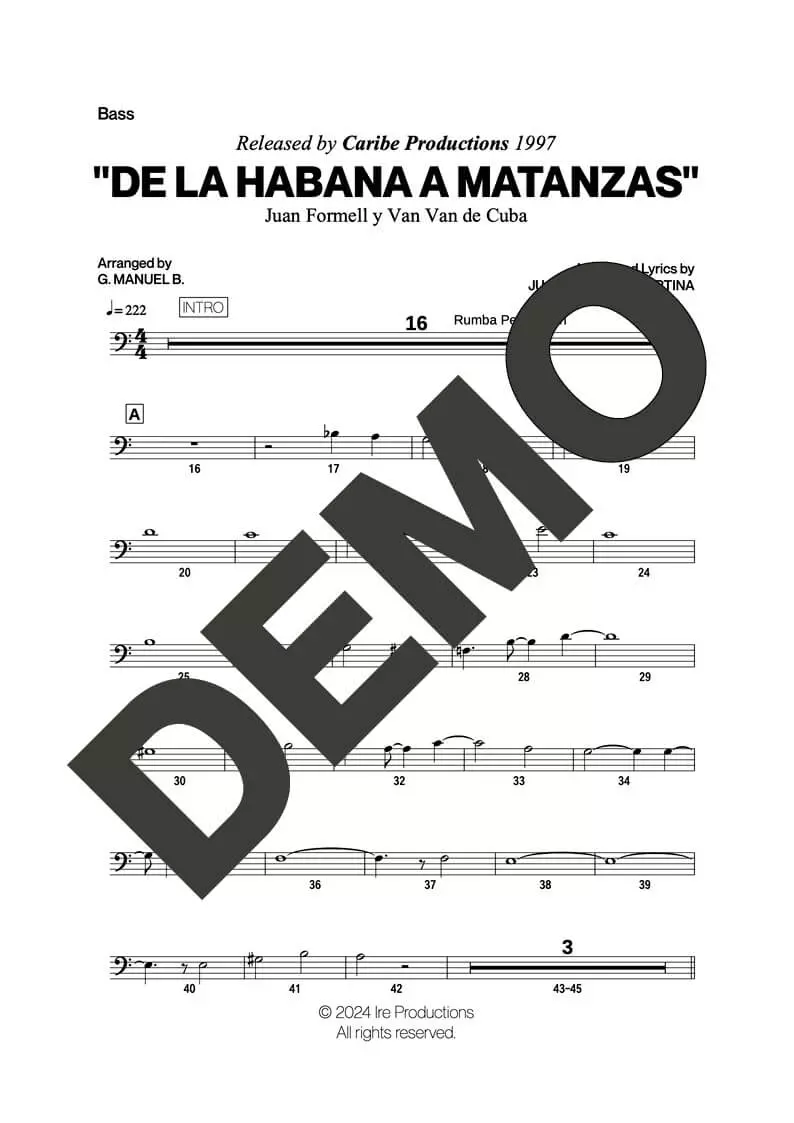 Los Van Van|Mayito Rivera – De La Habana a Matanzas – Sheet Music Demo Page 4 (PDF) – Includes charts for Trumpets, Trombones, Saxophone, Piano and Bass