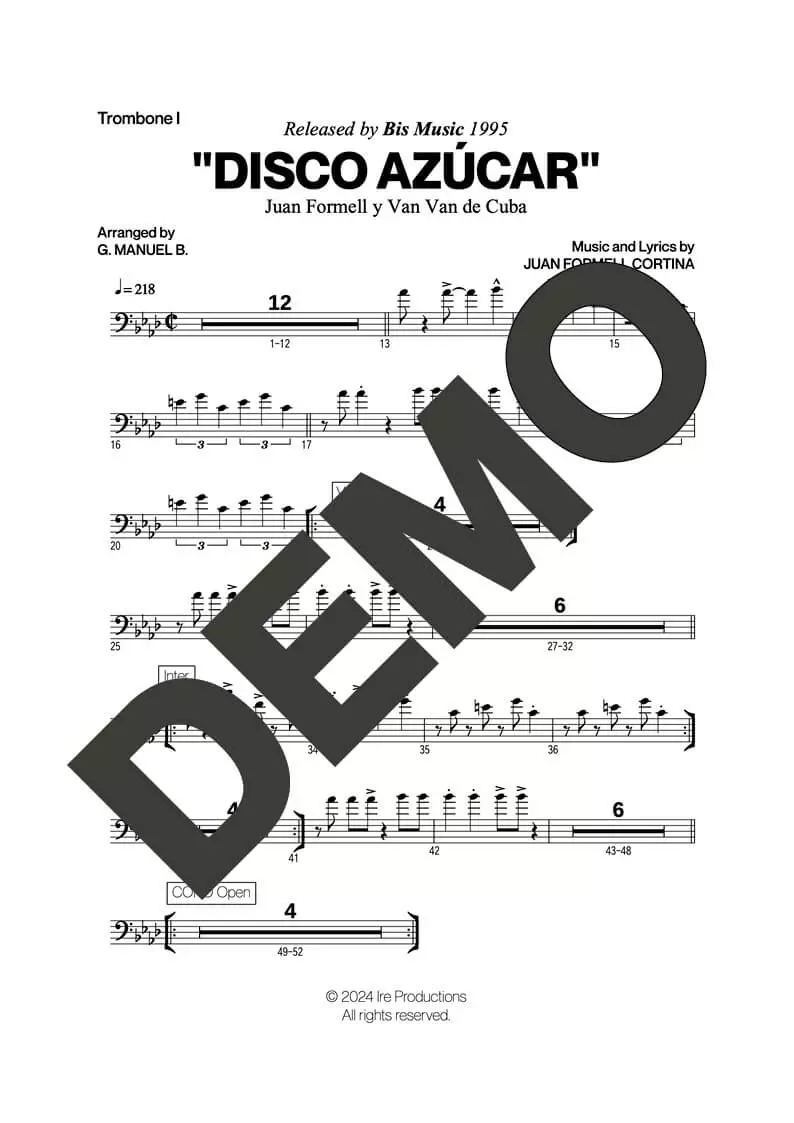 Los Van Van – Disco Azúcar – First Page of Sheet Music Preview (PDF) – Includes charts for Trumpets, Trombones, Saxophone, Piano and Bass
